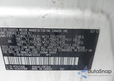 2013 Toyota Rav4 Limited z USA, uszkodzony, nr VIN 2T3DFREVXDW010349